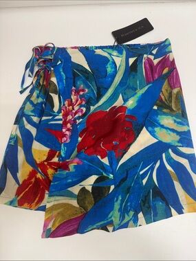 NWT Bluenotes Blue Floral Tie-Side Swim Sarong with Red & Yellow Accents